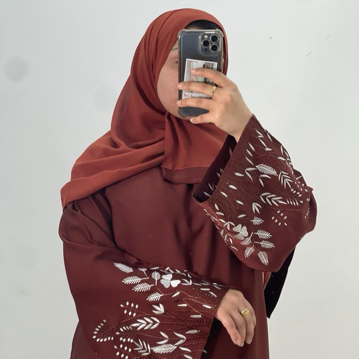 Floral Embroidery Abaya (Crimson)